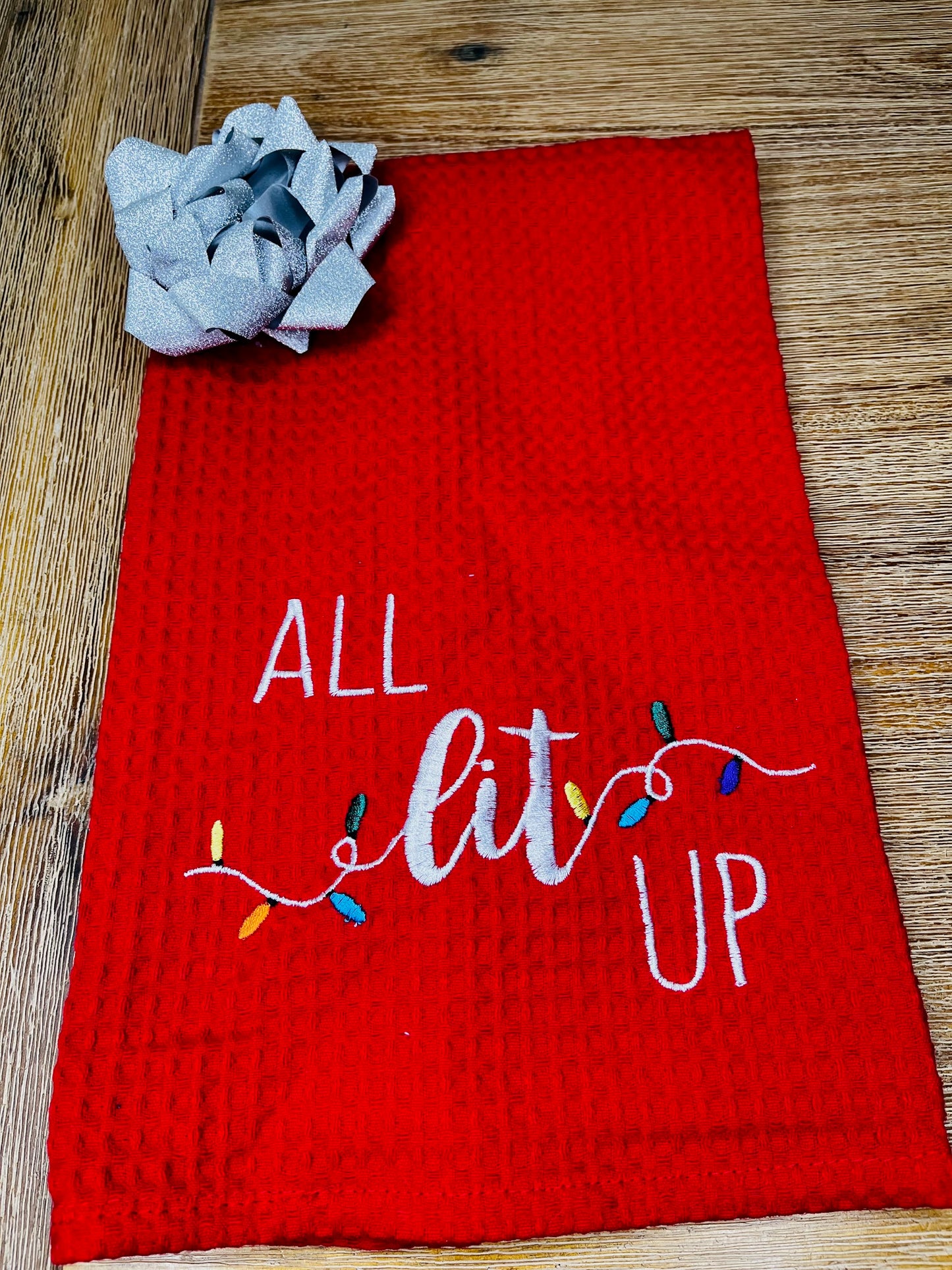 "All Lit Up" Christmas Kitchen Towel – Embroidered Holiday Design