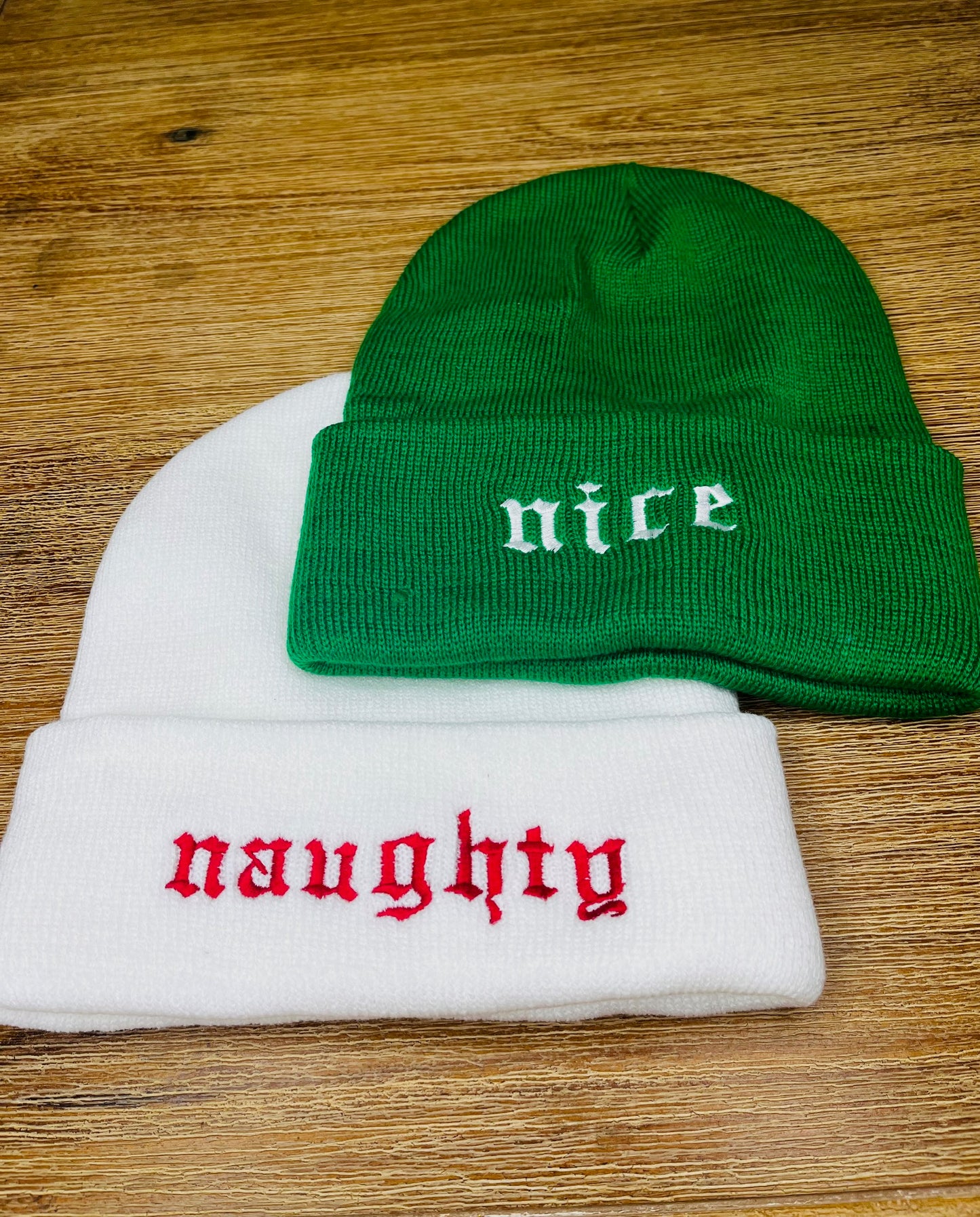 Naughty and Nice Embroidered Beanies
