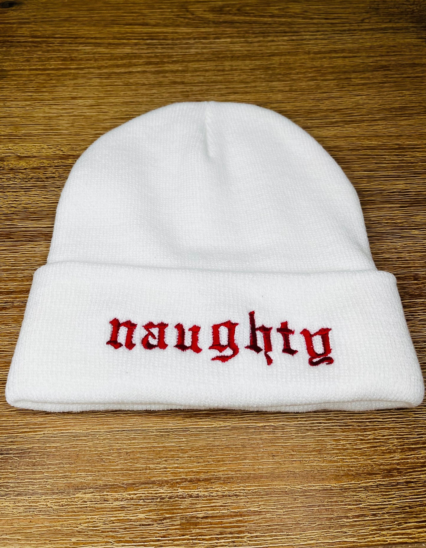 Naughty and Nice Embroidered Beanies