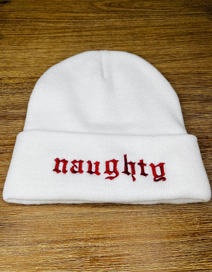 Naughty and Nice Embroidered Beanies