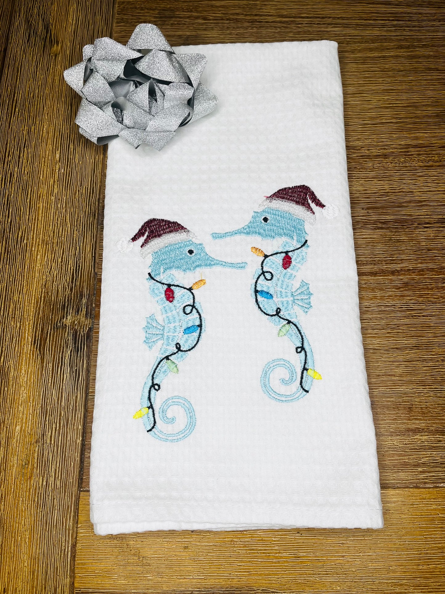 Christmas Seahorse Waffle Weave Kitchen Towel – Festive Embroidered Design