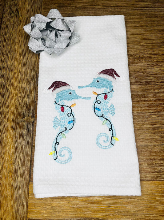 Christmas Seahorse Waffle Weave Kitchen Towel – Festive Embroidered Design