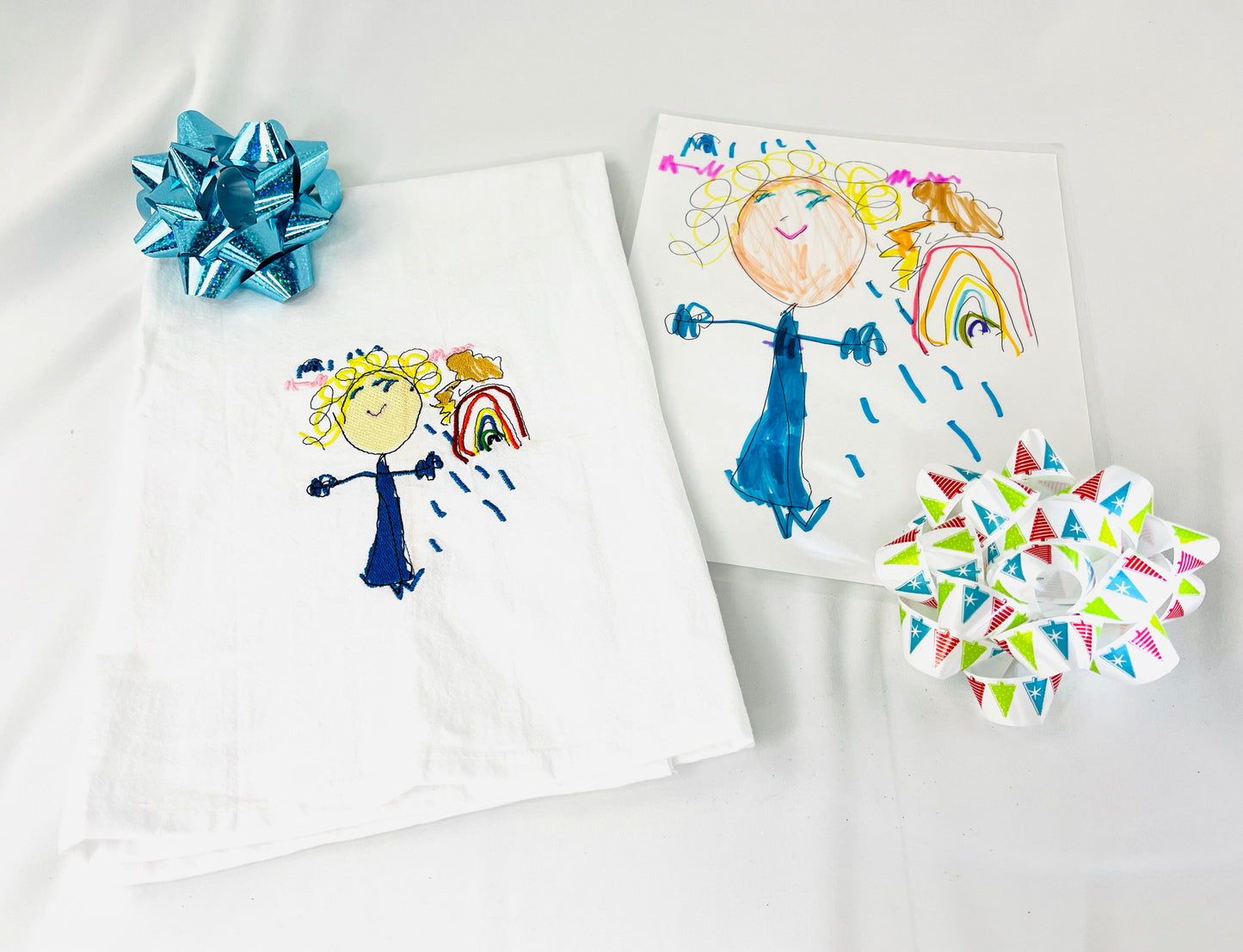 Kids Artwork Embroidered Tea Towel – Custom Handmade Gift for Mom