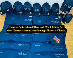 custom embroidered flexfit hats and columbia shirts