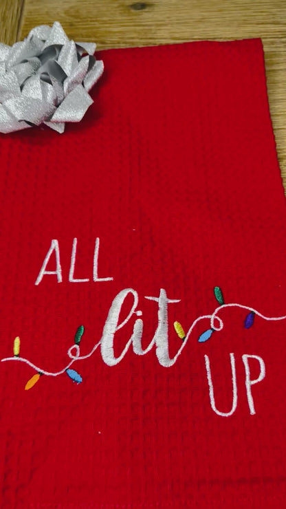 "All Lit Up" Christmas Kitchen Towel – Embroidered Holiday Design