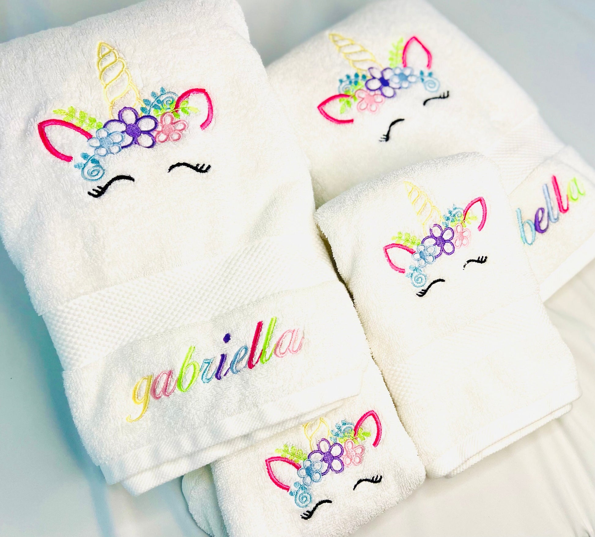 Luxury Unicorn Bath Towel Set, personalized unicorn towels, embroidered unicorn bath towel set, gift for kid, little girls bathroom decor