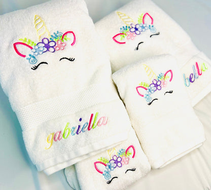 Luxury Unicorn Bath Towel Set, personalized unicorn towels, embroidered unicorn bath towel set, gift for kid, little girls bathroom decor