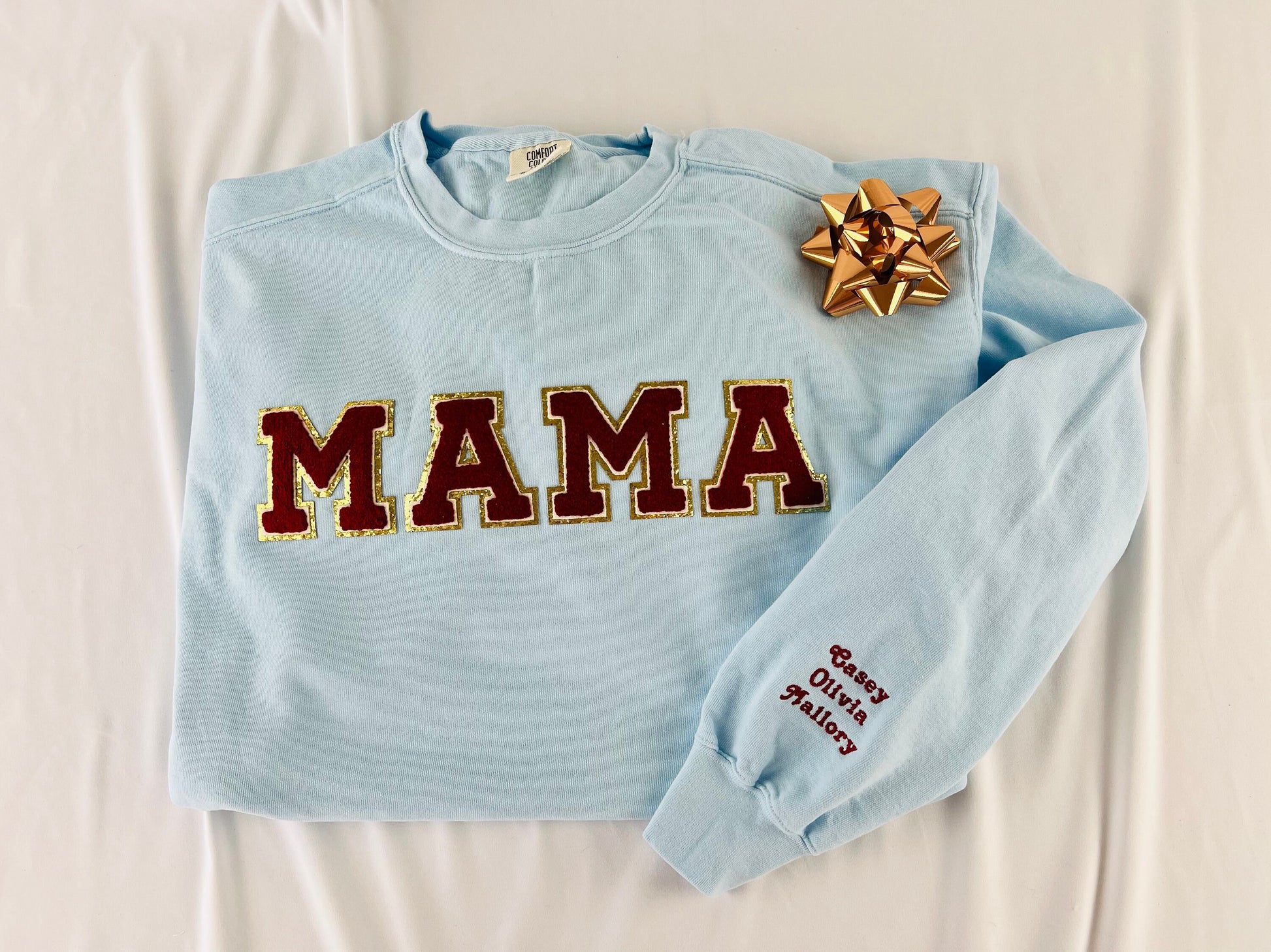 Embroidered MAMA sweatshirt, custom luxury mama sweatshirt with kids name on sleeve, valentines day gift for mom, chenille patch sweatshirt