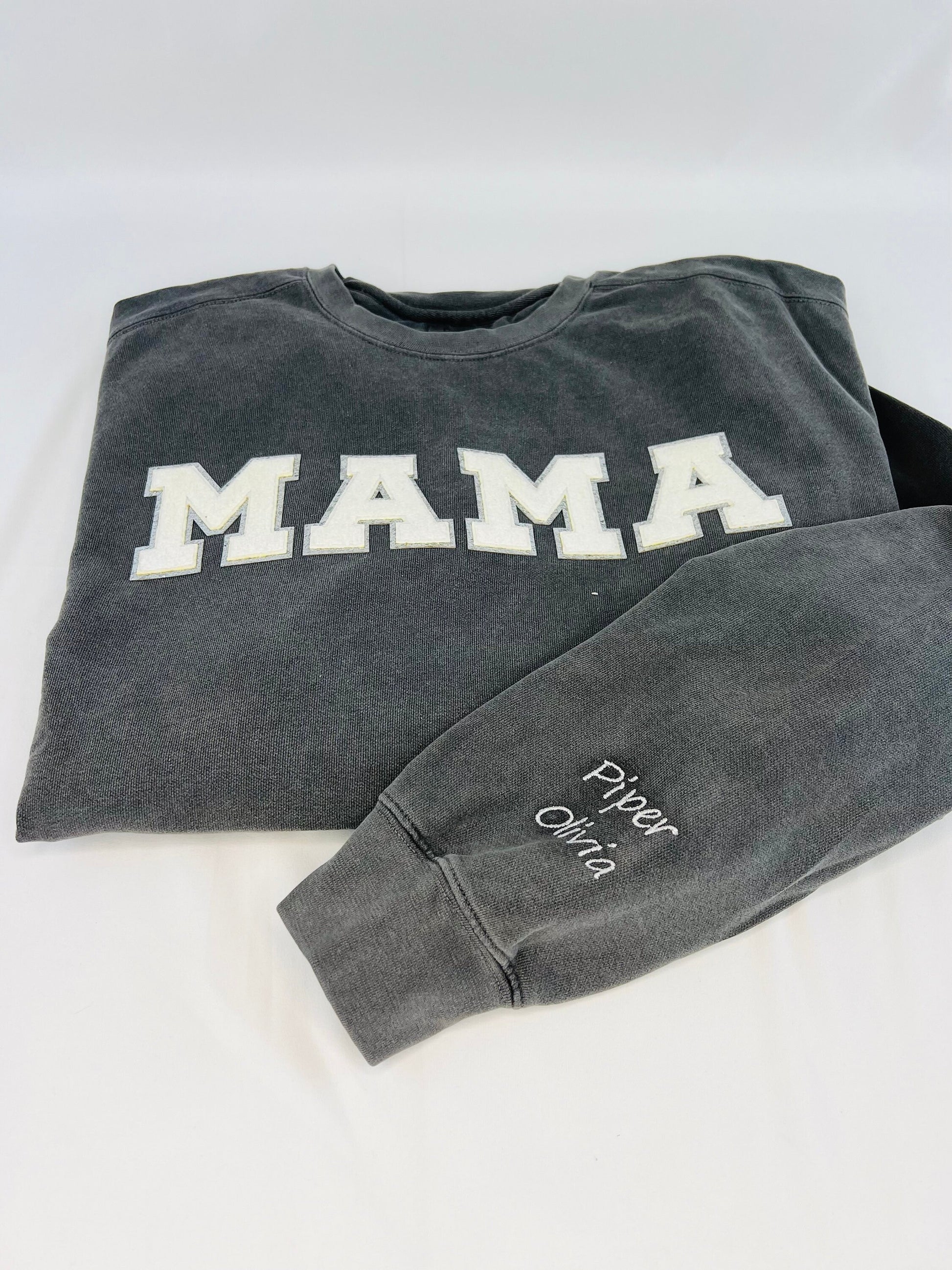 Embroidered MAMA sweatshirt, custom luxury mama sweatshirt with kids name on sleeve, valentines day gift for mom, chenille patch sweatshirt
