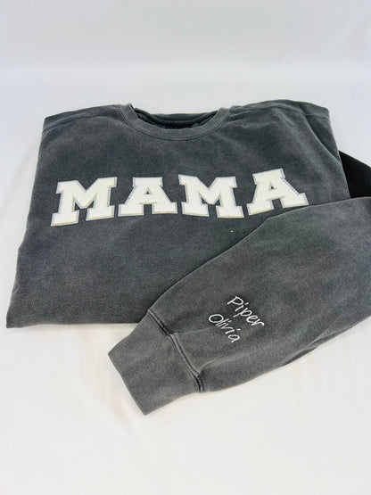 Embroidered MAMA sweatshirt, custom luxury mama sweatshirt with kids name on sleeve, valentines day gift for mom, chenille patch sweatshirt